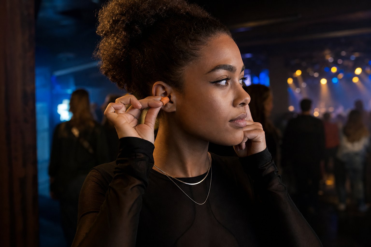 Bezoeker brengt oordoppen in bij een concertzaal