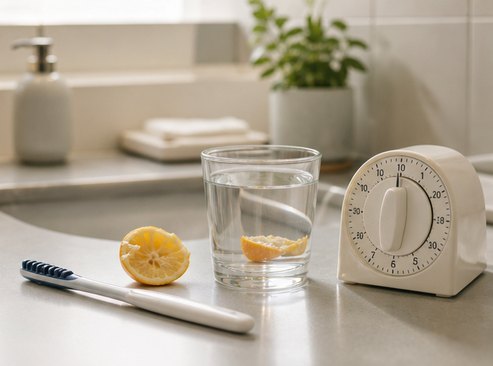 Glas water, fruit en tandenborstel naast elkaar op een wastafel
