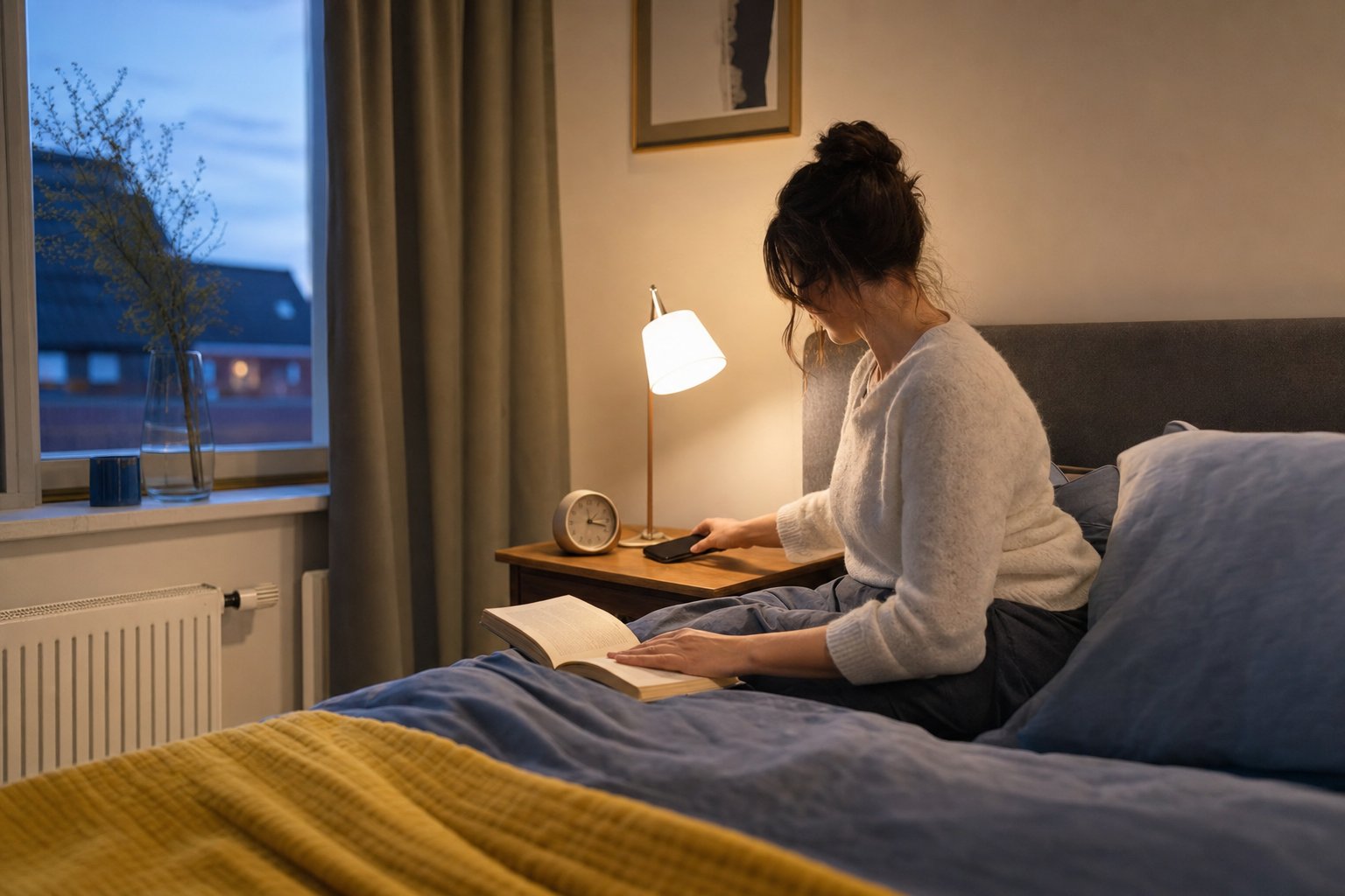 Vrouw legt haar telefoon weg en pakt een boek voor het slapengaan